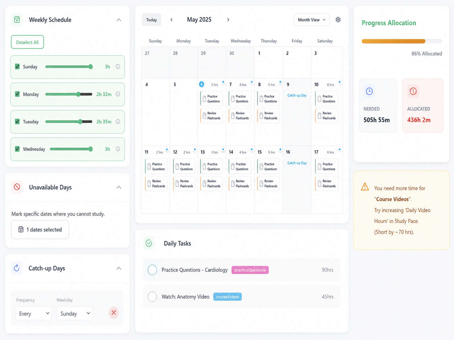 واجهة Study Planner التفاعلية وتوزيع المهام وأيام التعويض وتنبيه واقعية الخطة